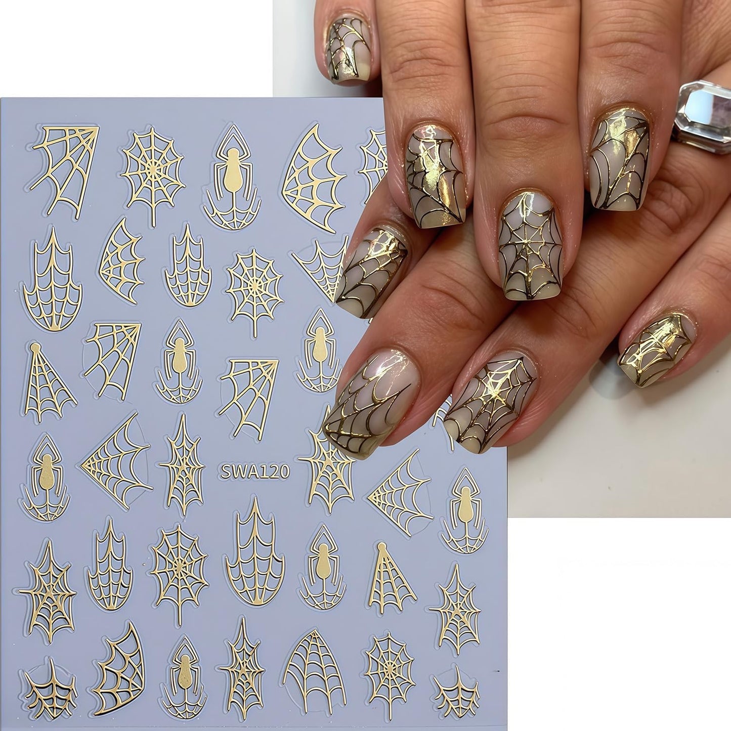 10 Sheets Spider Nail Art Stickers Halloween Nail Decals 3D Self-Adhesive Laser Black White Gold Silver Spiders and Spider Web Nail Sticker Design DIY Holiday Party Nails Supplies for Salon Manicure