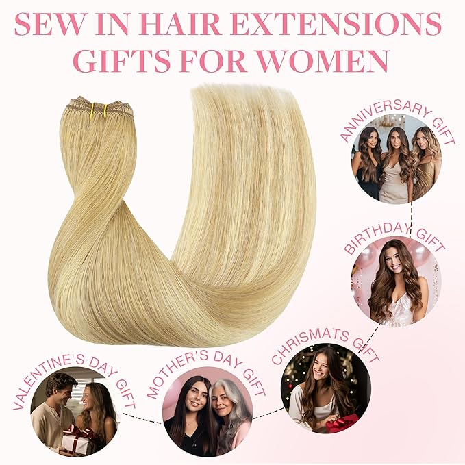 GOO GOO Sew in Hair Extensions Real Human Hair, Weft Hair Extensions Human Hair, 18A/60 Blonde Balayage 20inch 100g, Weft Bundles Straight Silky Remy Hair