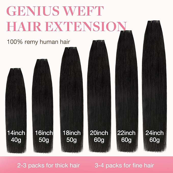 GOO GOO Genius Human Hair Extensions, Sew In Remy Weft, 1B Natural Black 18inch 50g, Hand Tied