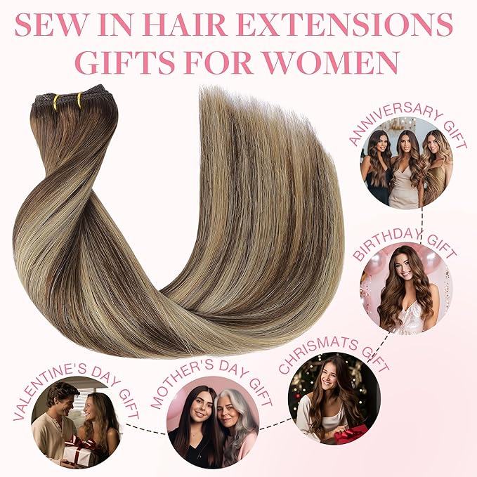 GOO GOO Sew in Hair Extensions Real Human Hair, Weft Hair Extensions Human Hair, 4/26/4 Balayage Chocolate Brown to Honey Blonde 22inch 110g, Weft Bundles Straight Silky Remy Hair