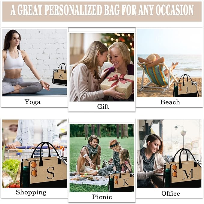 YOOLIFE Valentines Day Gifts for Her - Initial Jute Tote Bag & Makeup Bag, Birthday Gifts for Women Teacher Mom Wife Friend