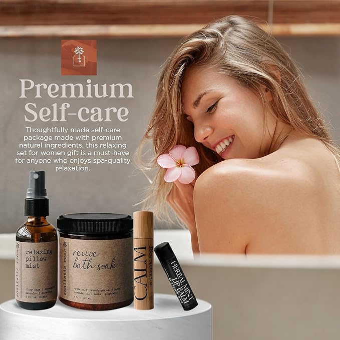 SOULISTIC ROOT Self-Care Set - Luxury Spa Bath Kit, Pillow Mist, Cooling Lip Balm, Tranquil Essential Oil Roller & Epsom Salt Bath Soak Pampering Package, Valentine's Day Holistic Gifts for Him & Her