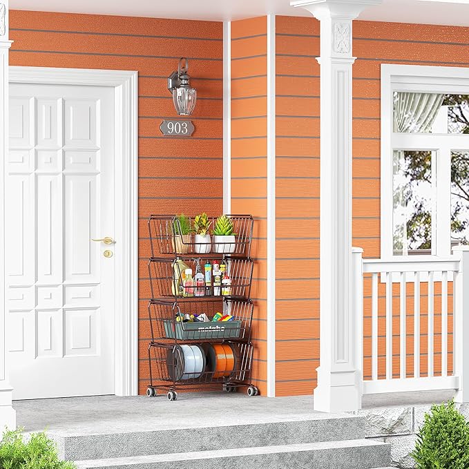 PUSDON 4-Tier Stackable Metal Storage Baskets, Anti-Rust Fruit Vegetable Rack, Dual Use Shelf for Kitchen, Home & Office, Bronze