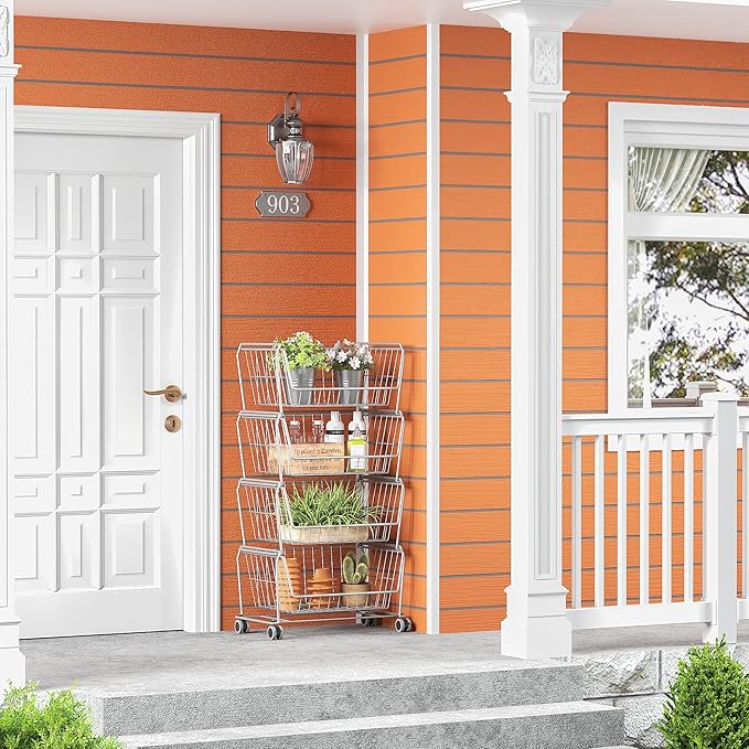 PUSDON 4-Tier Stackable Metal Storage Baskets, Anti-Rust Fruit Vegetable Rack, Dual Use Shelf for Kitchen, Home & Office, Silver Grey