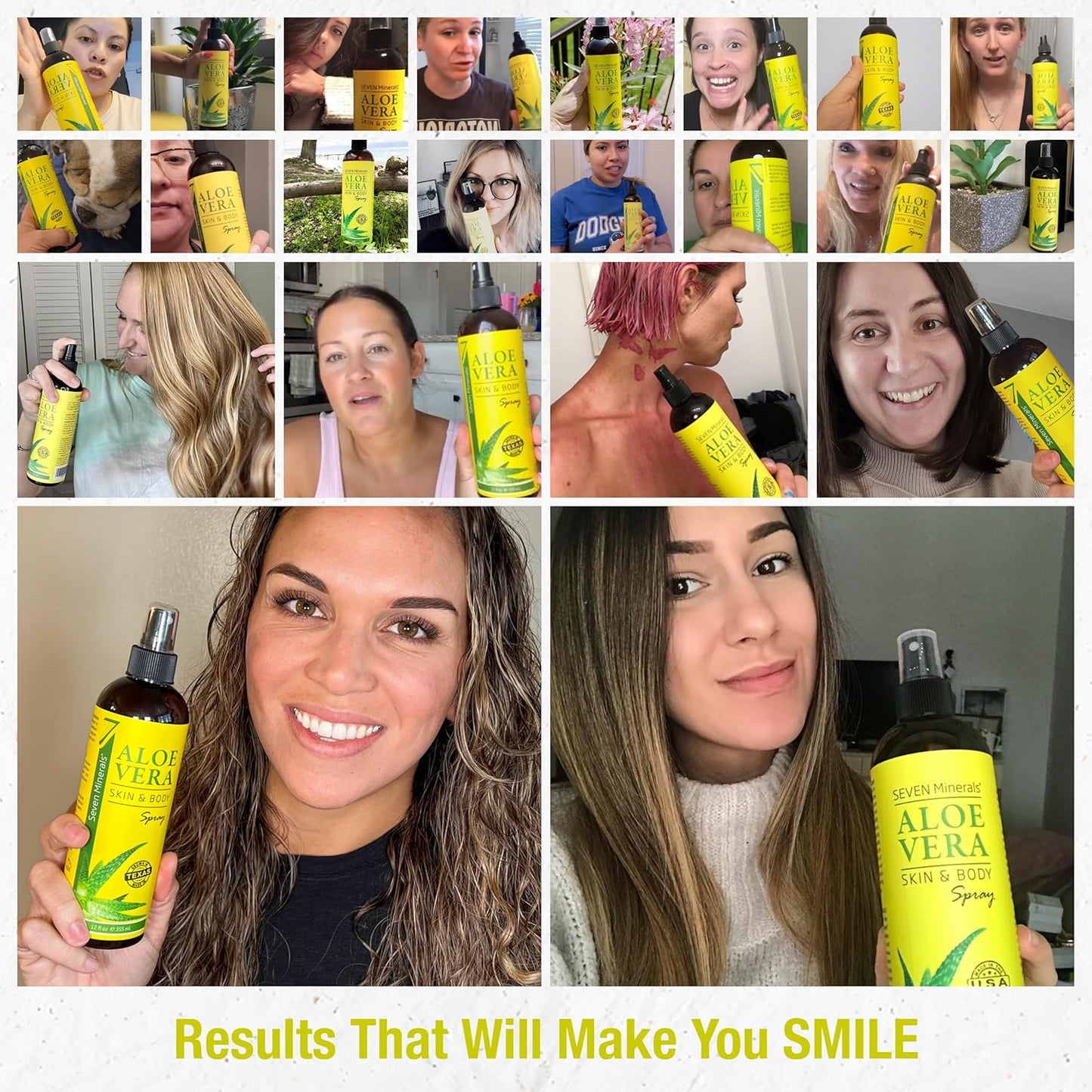 Seven Minerals, Organic Aloe Vera Spray for Body & Hair - From Freshly Cut Aloe Plant, Extra Strong, Easy to Apply, No Thickeners So It Absorbs Rapidly, No Sticky Residue - Made in USA (Big 12 fl oz)