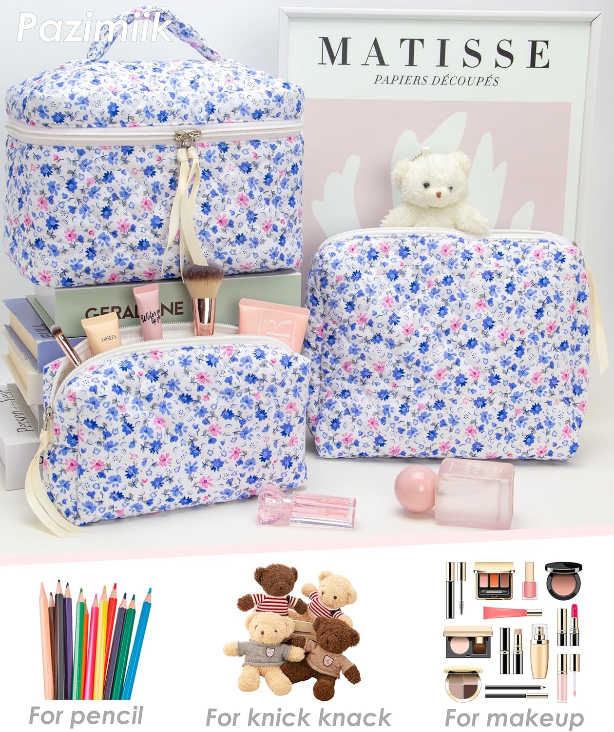 PAZIMIIK 3PCS Makeup Bag SET Large Travel Quilted Zipper Soft Cosmetic Case Pouch for Women Girls Make Up,Floral Blue