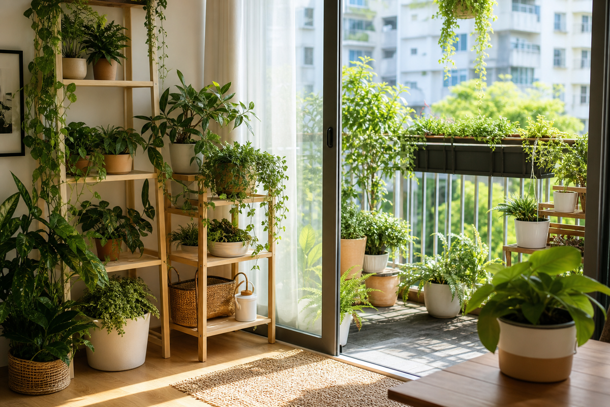 Unbranded orderly inspection setup featuring balcony and apartment greenery
