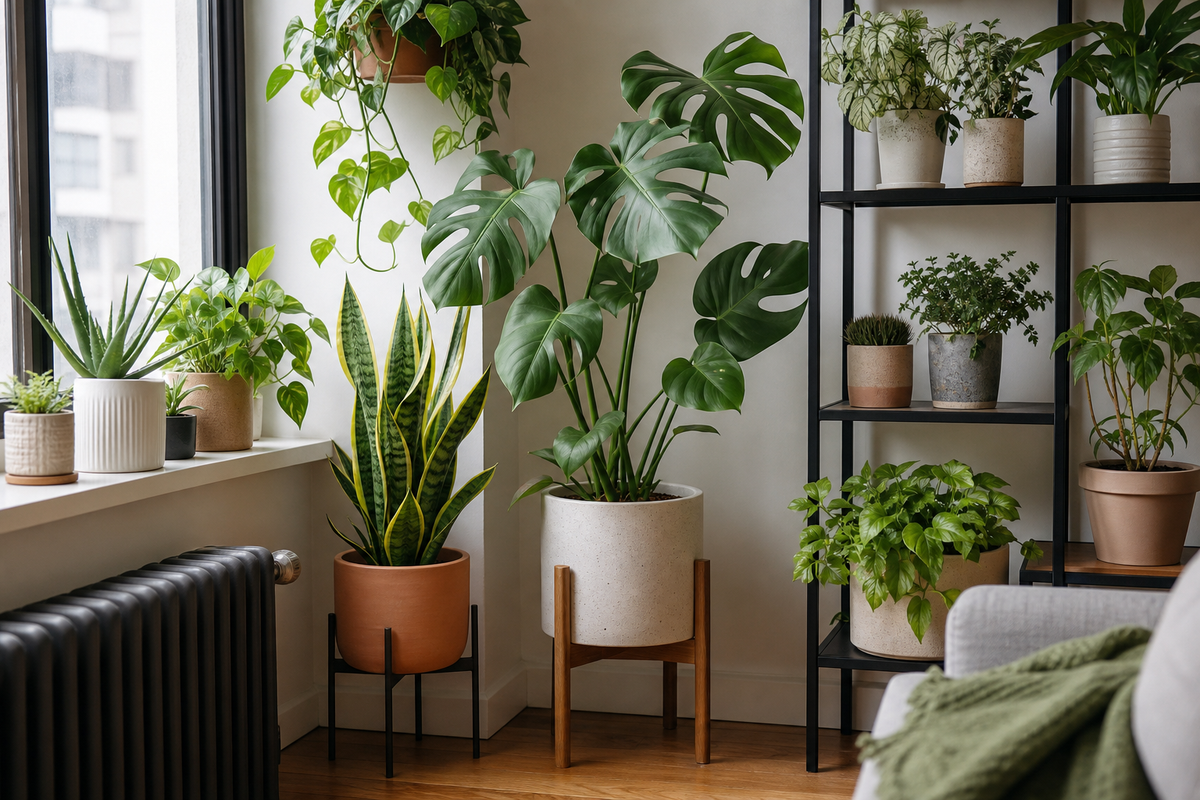 Unbranded orderly inspection setup featuring small-space plant styling