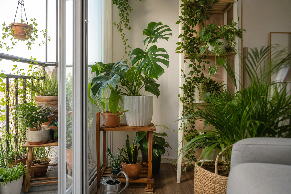 Unbranded practical sequence scene featuring balcony and apartment greenery