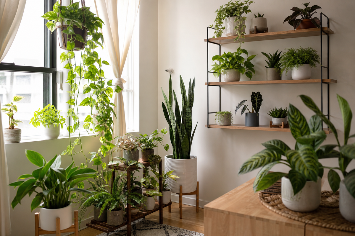 Unbranded orderly inspection setup featuring small-space plant styling