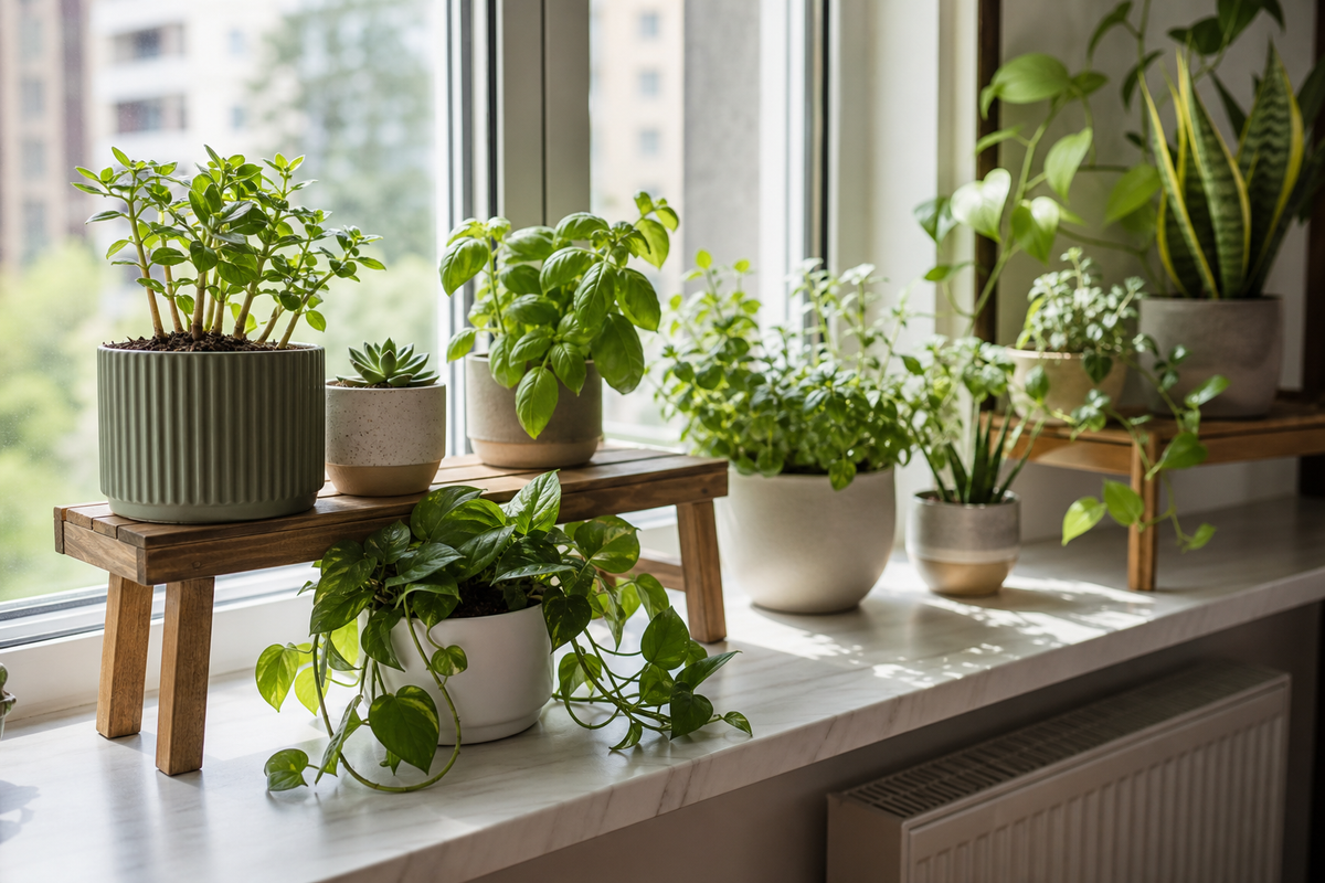Unbranded close editorial detail featuring practical windowsill gardening