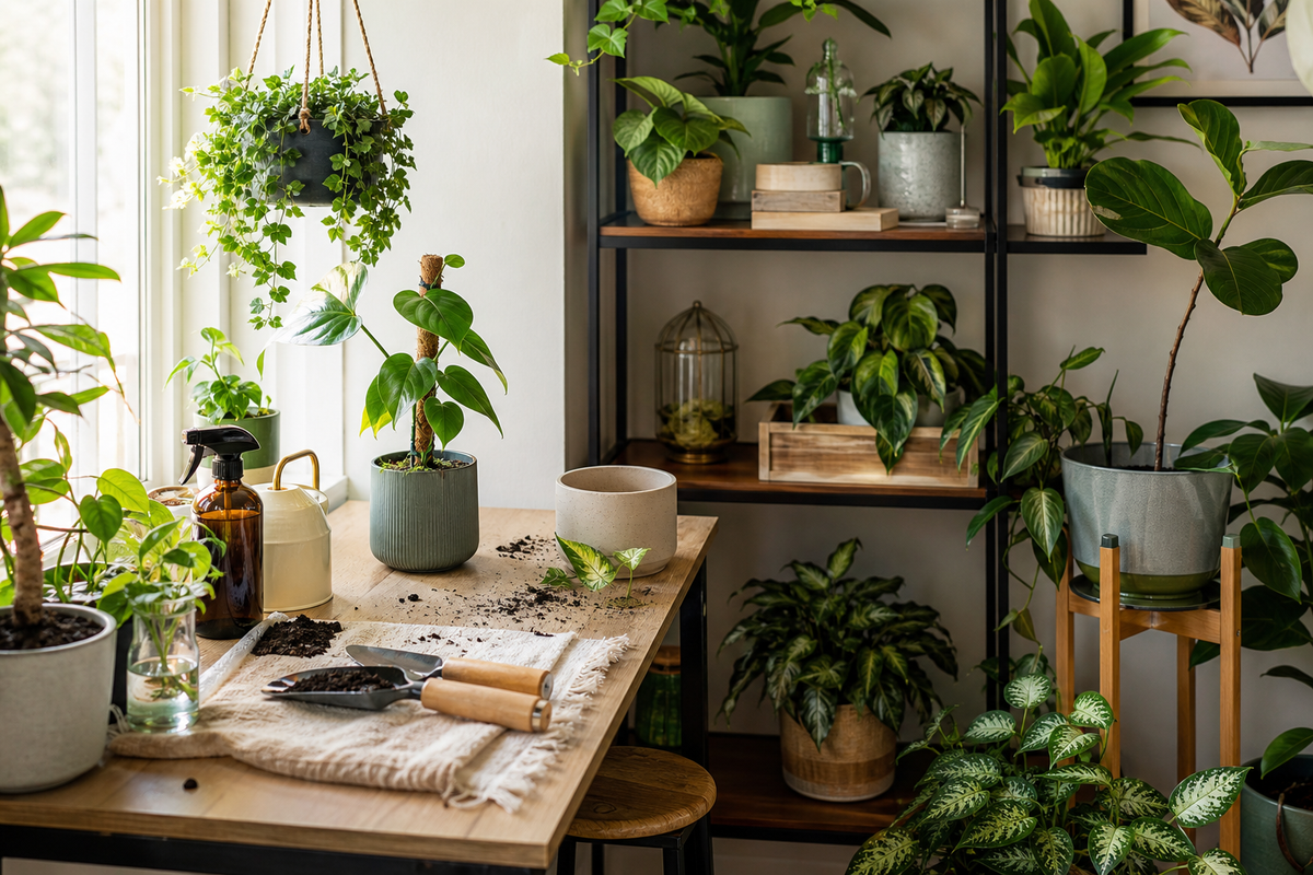 Unbranded close editorial detail featuring practical plant-care organization