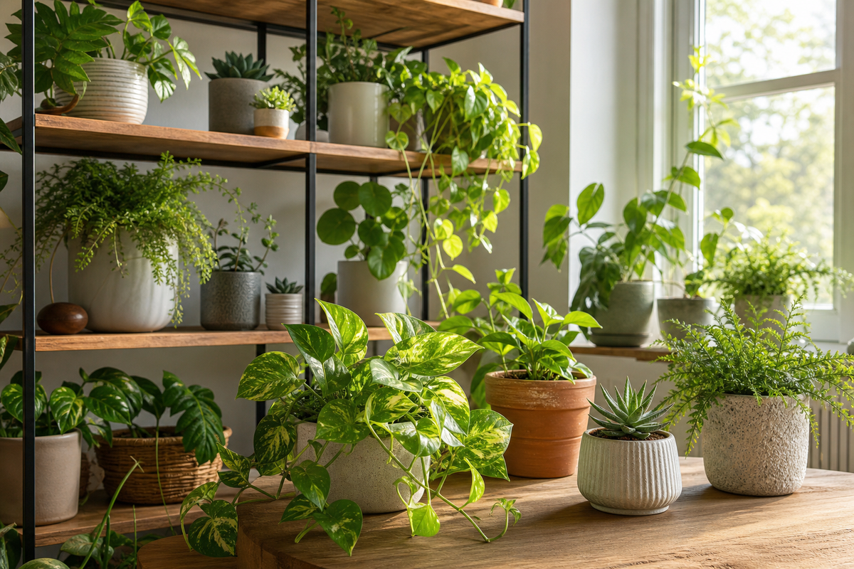Unbranded repeatable routine scene featuring shelf and tabletop greenery