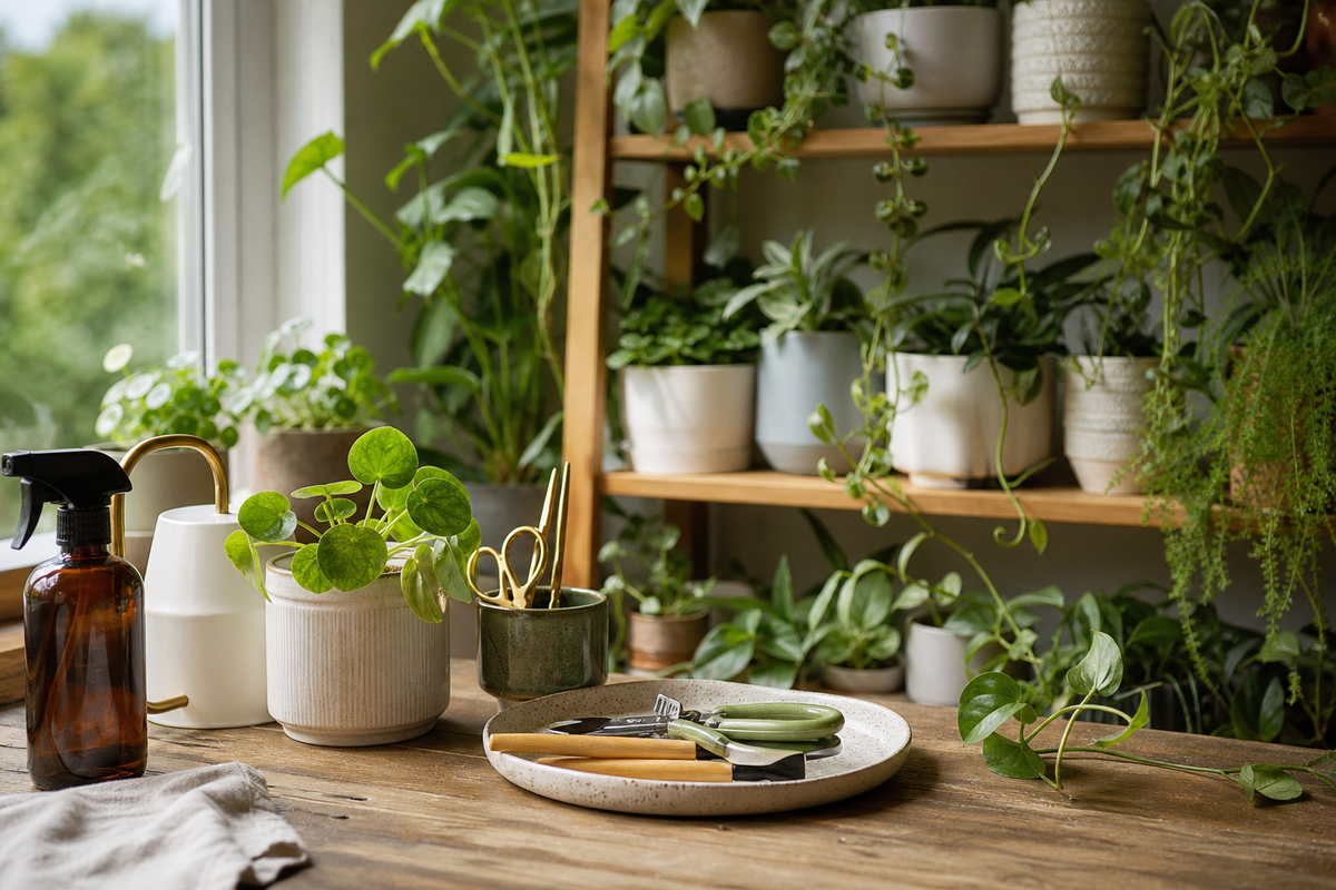 Unbranded close editorial detail featuring practical plant-care organization