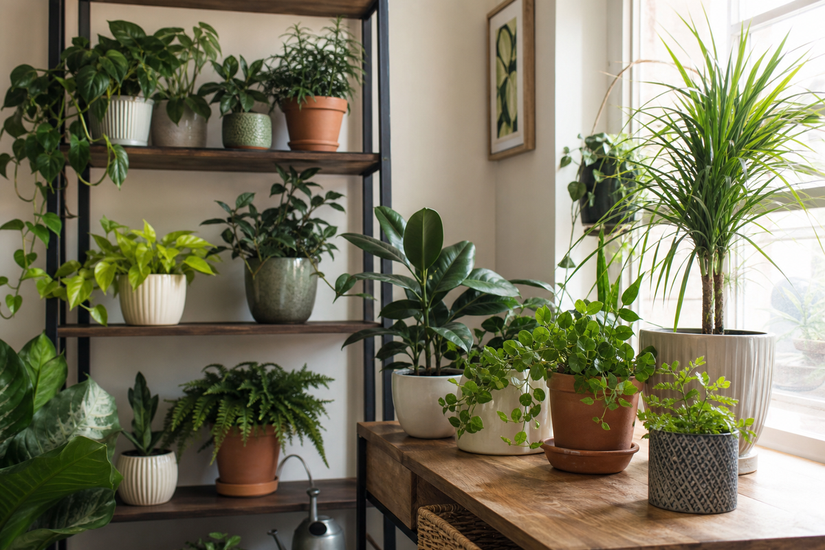 Unbranded orderly inspection setup featuring shelf and tabletop greenery