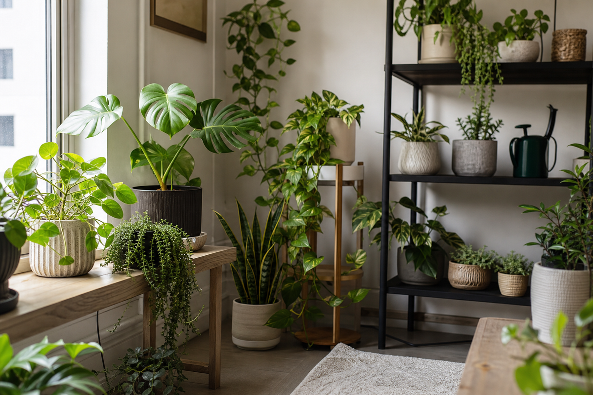 Unbranded close editorial detail featuring indoor plant organization