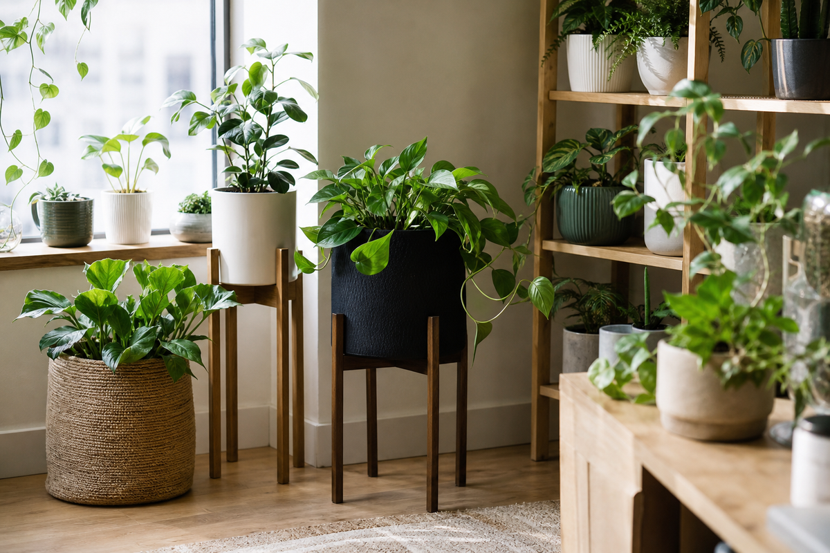 Unbranded close editorial detail featuring planters and plant stands