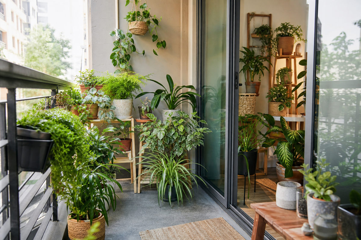 Unbranded close editorial detail featuring balcony and apartment greenery