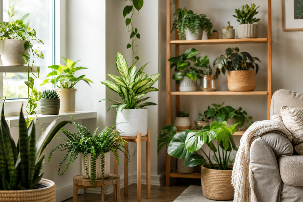 Unbranded orderly inspection setup featuring small-space plant styling