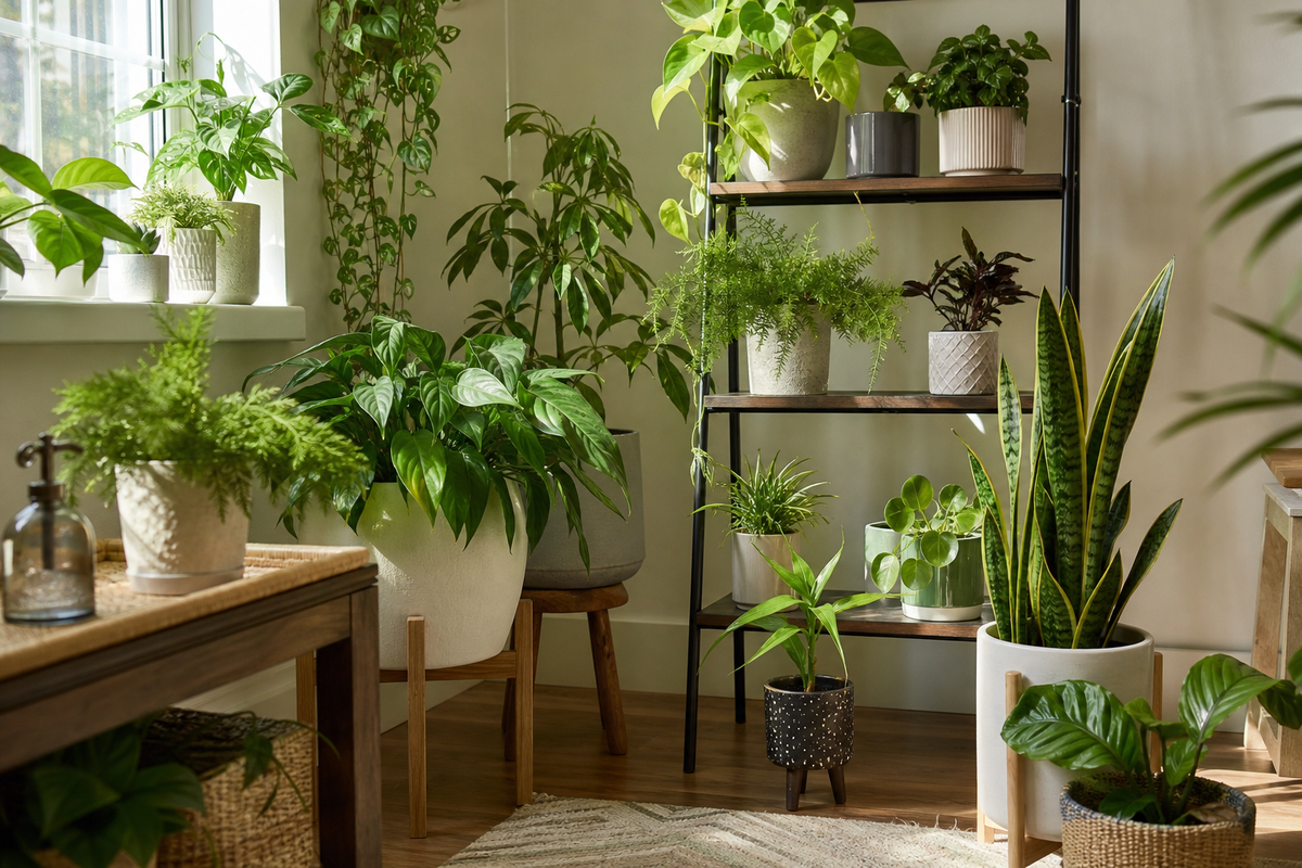 Unbranded close editorial detail featuring indoor plant organization