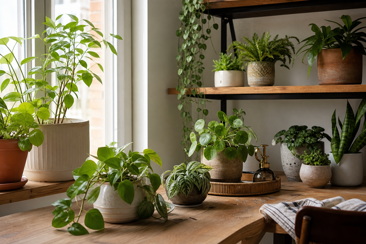 Unbranded close editorial detail featuring shelf and tabletop greenery