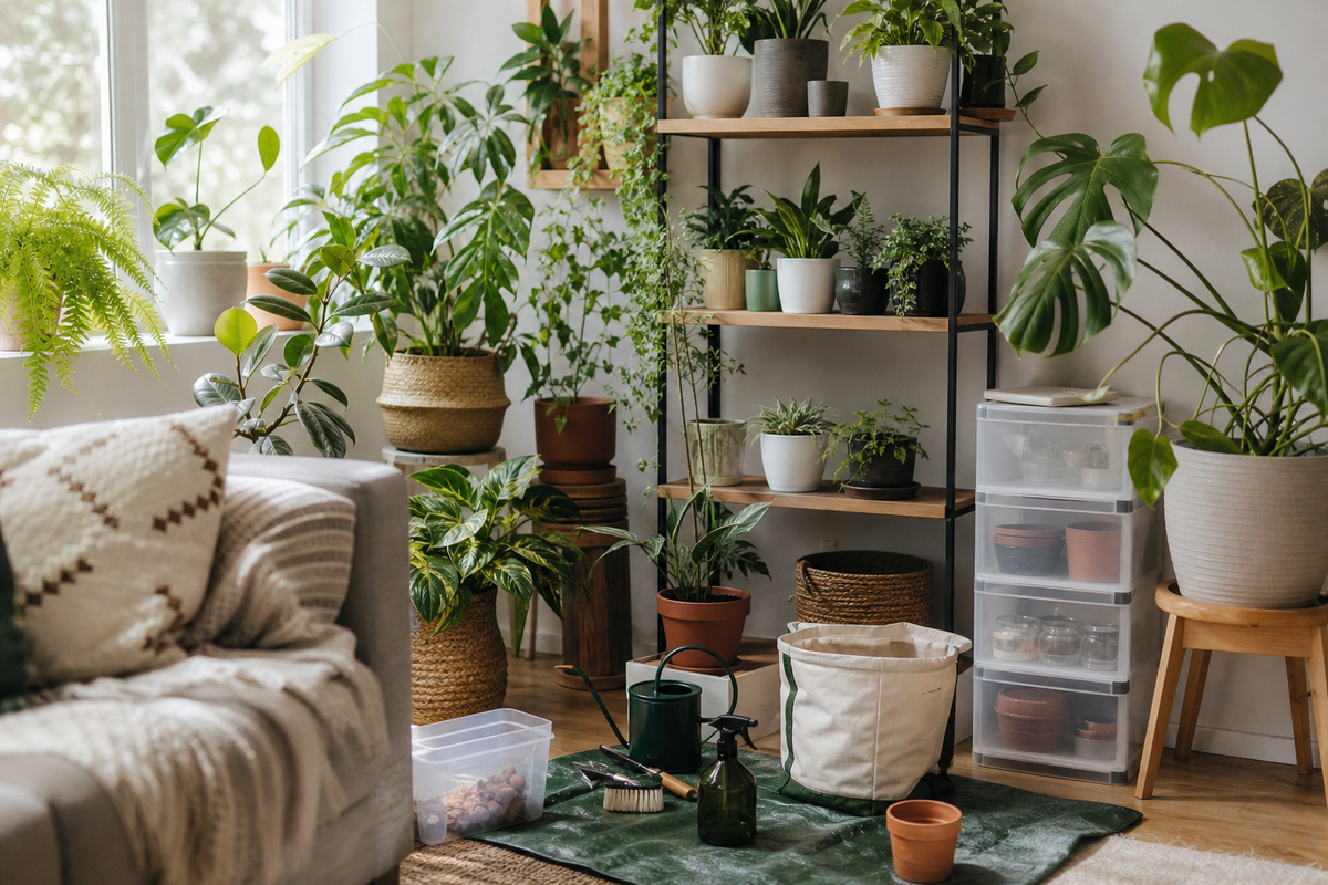 Unbranded practical sequence scene featuring practical plant-care organization