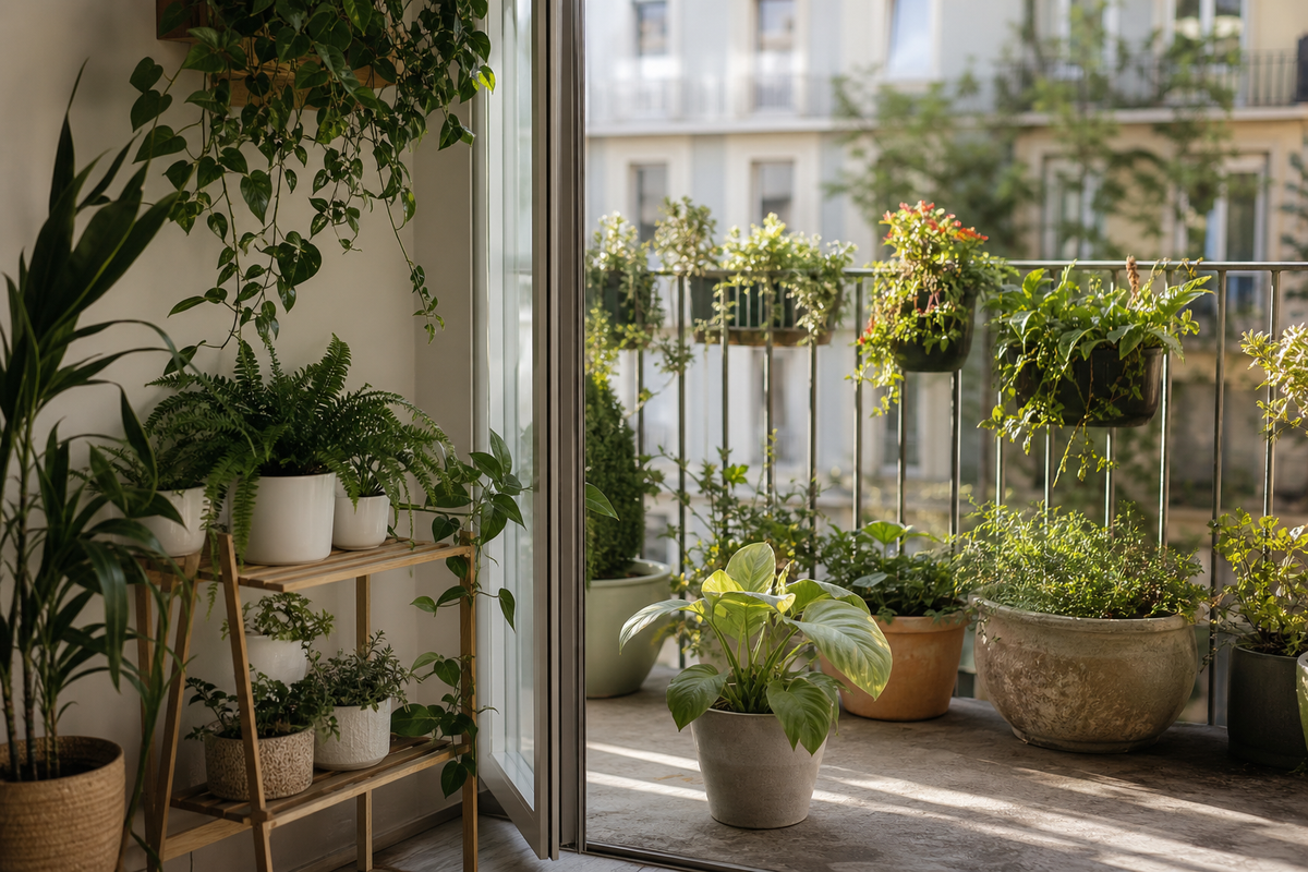 Unbranded repeatable routine scene featuring balcony and apartment greenery