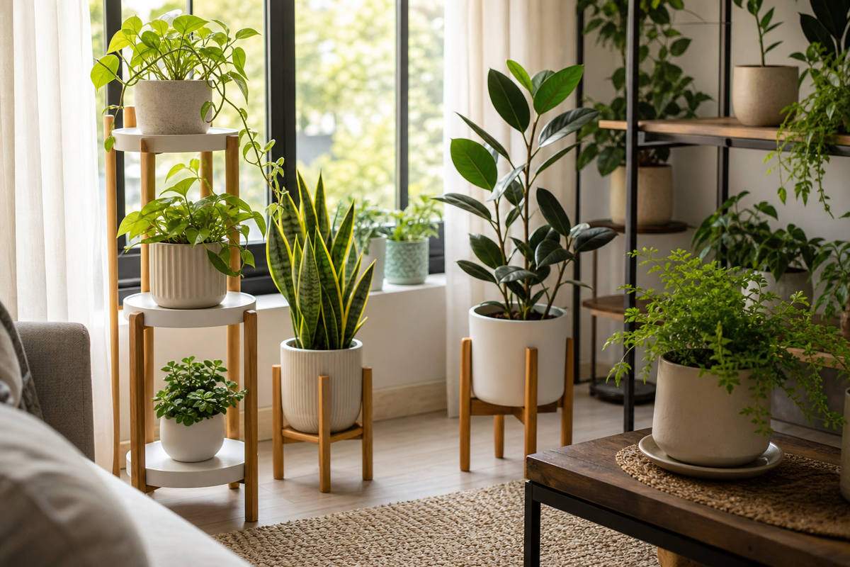 Unbranded practical sequence scene featuring planters and plant stands