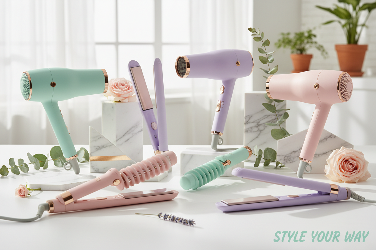Hair styling tools including blow dryers, straighteners, curling irons, and hot brushes