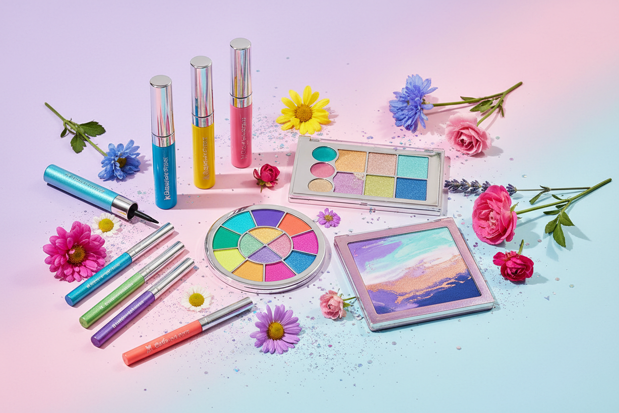 Eye makeup essentials including eyeshadows, mascaras, eyeliners, and brow products