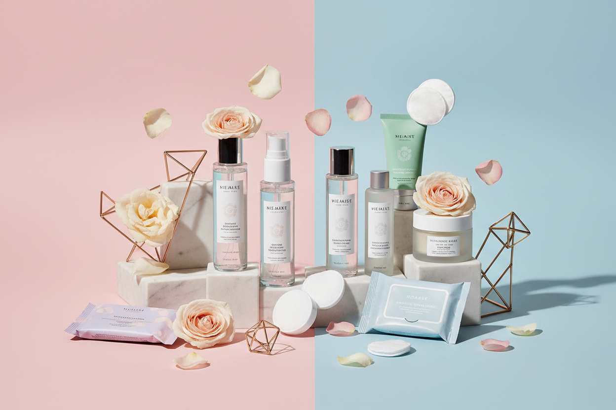 Gentle makeup removers including cleansing oils, micellar waters, and makeup wipes