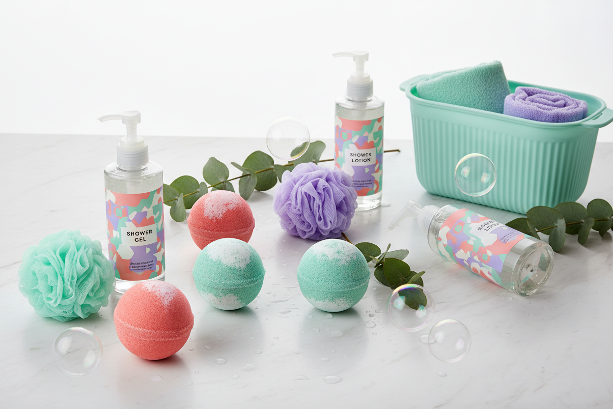 Bath accessories including loofahs, brushes, and bathing essentials for luxurious self-care