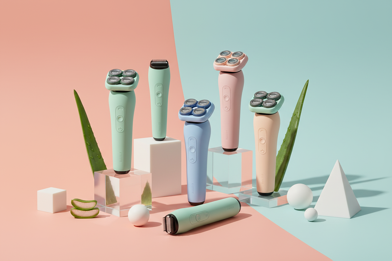 Grooming essentials including trimmers, razors, and personal care tools