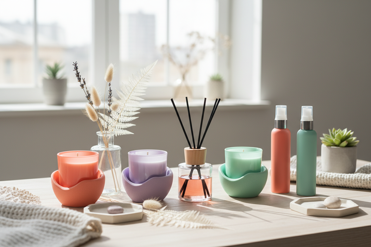 Home fragrance products including candles, diffusers, and room sprays for inviting ambiance