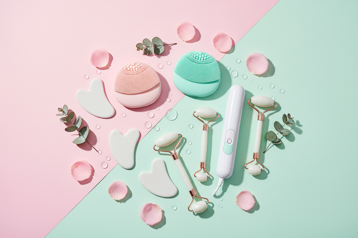 Innovative skincare tools including facial rollers, gua sha, cleansing devices, and beauty gadgets