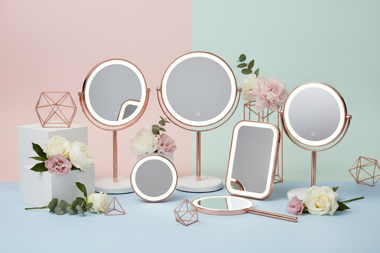 Makeup mirrors including lighted, magnifying, and vanity mirrors for precise application