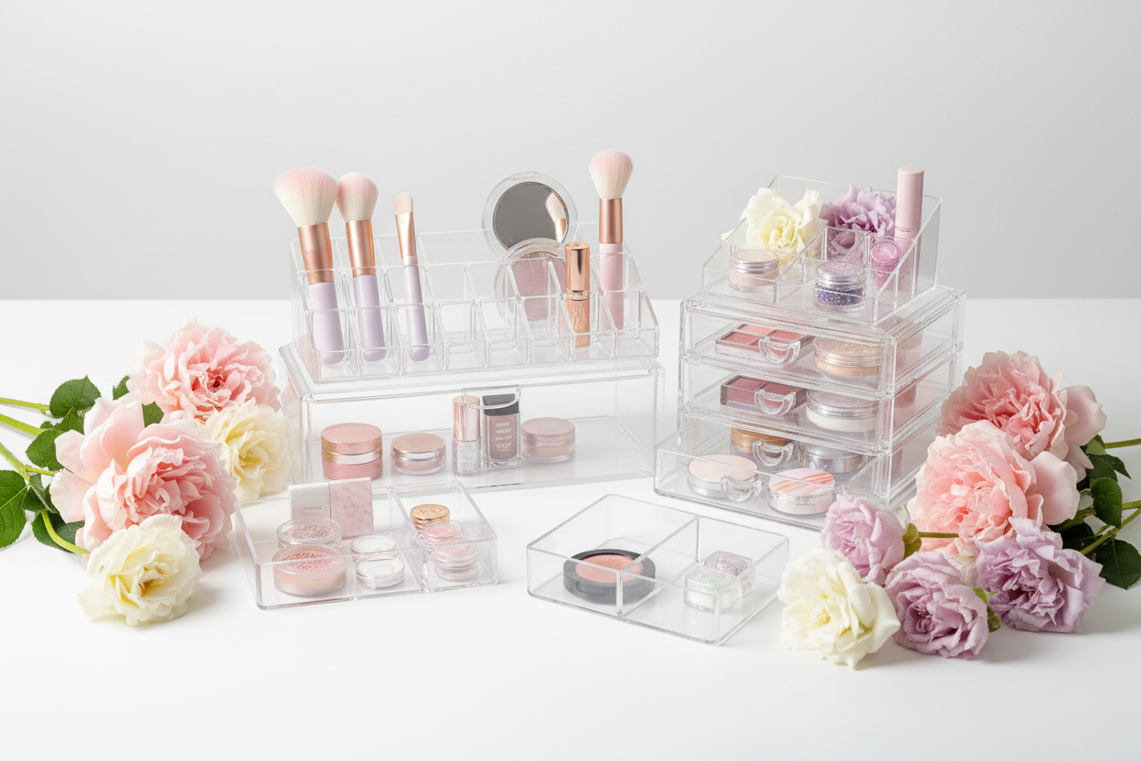 Beauty organization solutions including storage containers, dividers, and display systems