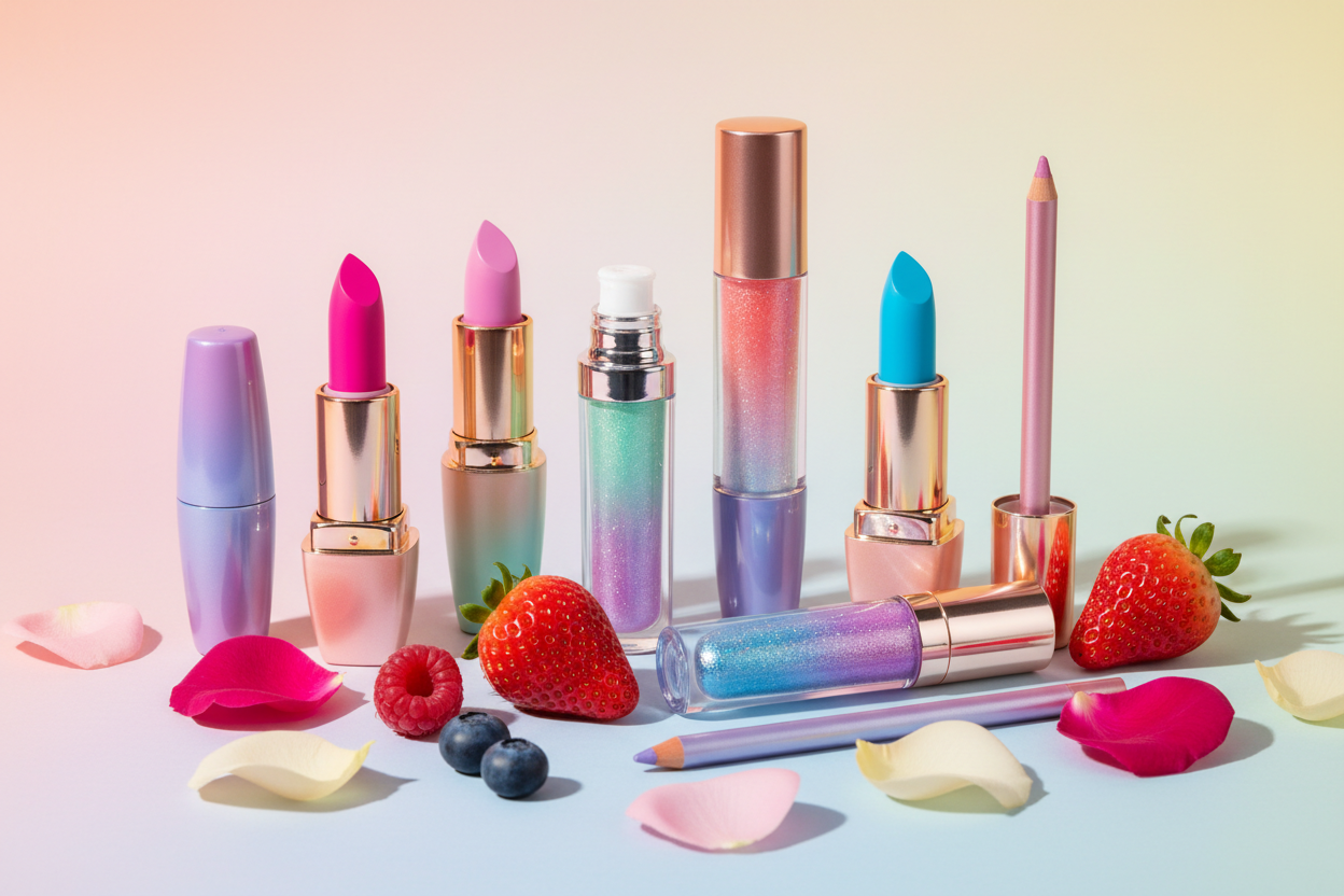 Lip makeup collection with lipsticks, glosses, liners, and stains in various shades and finishes