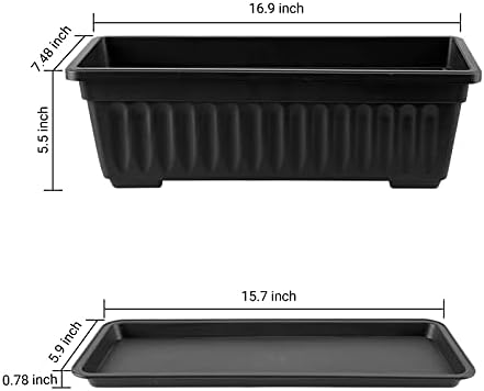 GREANER Rectangle Planters for Indoor Plants, 3 Pack Long Outdoor Plastic Flower Boxes Vegetable Growing Pots 16.9x7.48 Inch with Tray for Garden Balcony Windowsill House DIY - Black - Image 2