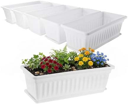 GREANER Plastic Flower Boxes Rectangle, 6 Pack Large Long Planter 16.9x7.48Inch Modern Thicken Vegetable Plant Pot with Tray for Garden, Kitchen, Houses, Offices, Balcony, Outdoor Indoor Use - White by GREANER