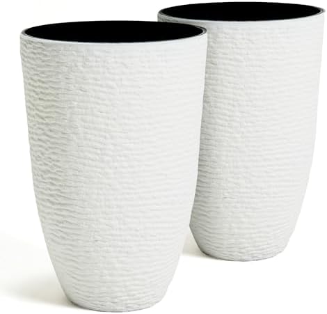 Worth Garden 2-Pack 21" H. White Tall Planters - 14'' Dia Resin Large Round Flower Pots for Outdoor Plants Trees - Imitation Stone Finish Plastic Indoor Front Porch 9 Gallon Decorative Container Patio by WORTH