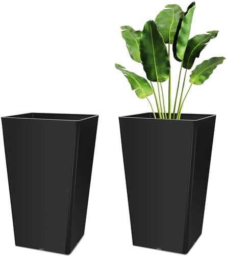 Briwooody Set of 2 15.75 Inch Large Taper Planters Outdoor Indoor Tall Resin Flower Pots with Drainage Holes Modern for Front Door Patio Backyard Plants(Black) by Briwooody