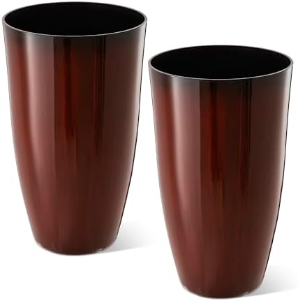 Glitzhome 23.5" H Oversized Tall Planter, Set of 2 Plastic Large Outdoor Planters with Drainage Holes, Gradient Red Faux Ceramic Finish, Large Flower Pots Round Plant Pots for Indoor Outdoor Patio by Glitzhome