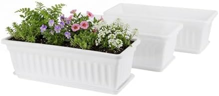GREANER Rectangle Plastic Flower Boxes, 3 Pack Large Long Planter 16.9x7.48 Inch Morden Thicken Vegetable Plant Pot with Tray for Garden, Kitchen, Window, Office, Balcony, Outdoor Indoor Use - White by GREANER