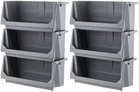 IRIS USA 6 Pack Open Front Storage Bins, Jumbo Heavy Duty Stackable Garage Storage Bins with Handles, Interlocking Design, Dark Gray by IRISUSA