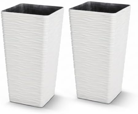 Worth Garden 22" Tall Planters Set of 2 - Plastic White Square Plant Pots with Drainage Hole - Modern Large Tapered Matte Wavy Tree Flower Pot for Indoor Outdoor Porch Deck by WORTH