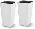 Worth Garden 22" Tall Planters Set of 2 - Plastic White Square Plant Pots with Drainage Hole - Modern Large Tapered Matte Wavy Tree Flower Pot for Indoor Outdoor Porch Deck by WORTH