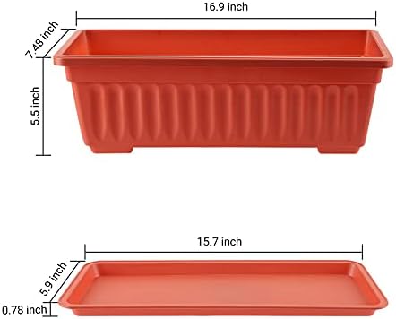 GREANER Long Planters for Outdoor Plants, 3 Pack 16.9x7.48 Inch Flower Windowsill Plastic Countryside Vegetable Box Pot with Tray for Plant Growing DIY in Garden, Balcony, Houses - Red - Image 2