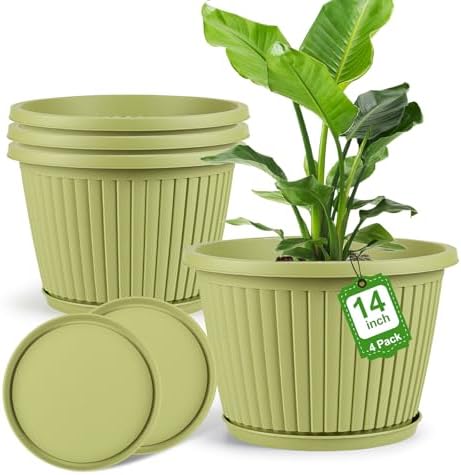 14-inch-Large-Planters-for-Outdoor-Plant，Plastic Indoor Flower Pots with Drainage Holes & Saucer，4 Packs Decorative Garden Pots for Plantfor Home Porch Decor by FlowyypoPlantPot