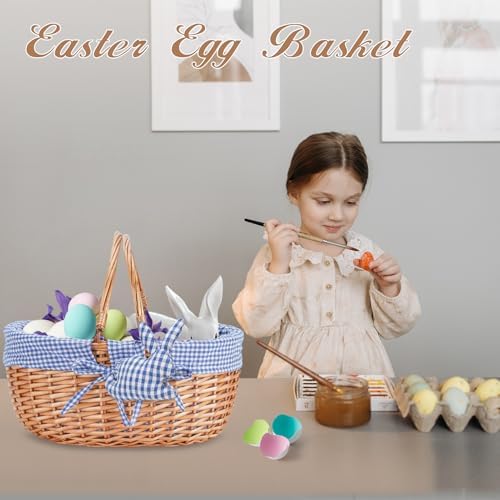 G GOOD GAIN Wicker Picnic Basket with Double Folding Handles,Willow Picnic Hamper,Natural Hand Woven Easter Basket,Easter Eggs and Candy Basket,Bath Storage,Gift Packing Basket.Blue - Image 2